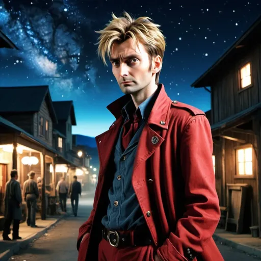 Prompt: side view, Young adult David Tennant as Vash the Stampede from Trigun, is walking in a western rustic town, night time, starry sky, high contrast star light, milky way, galaxy, realistic, detailed face, dynamic