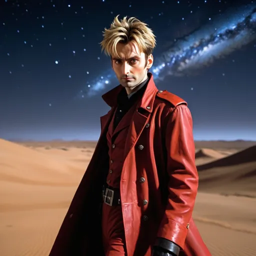 Prompt: Young adult David Tennant as Vash the Stampede from Trigun, is walking across a desert, night time, starry sky, milky way galaxy, high contrast, ambient lighting, realistic, dynamic, motion blur, detailed face