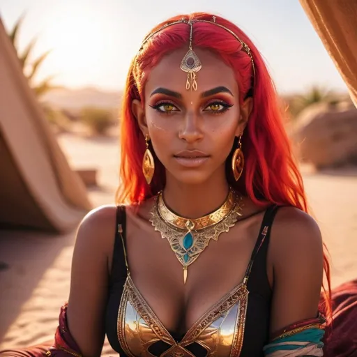 Prompt: 1girl, a dark skinned arabic woman with neon red hair, big pointy elf ears, large chest, gypsy attire, colorful makeup, gold jewelry, resting in oasis, sun setting, Aya Goda, high contrast, lens flare