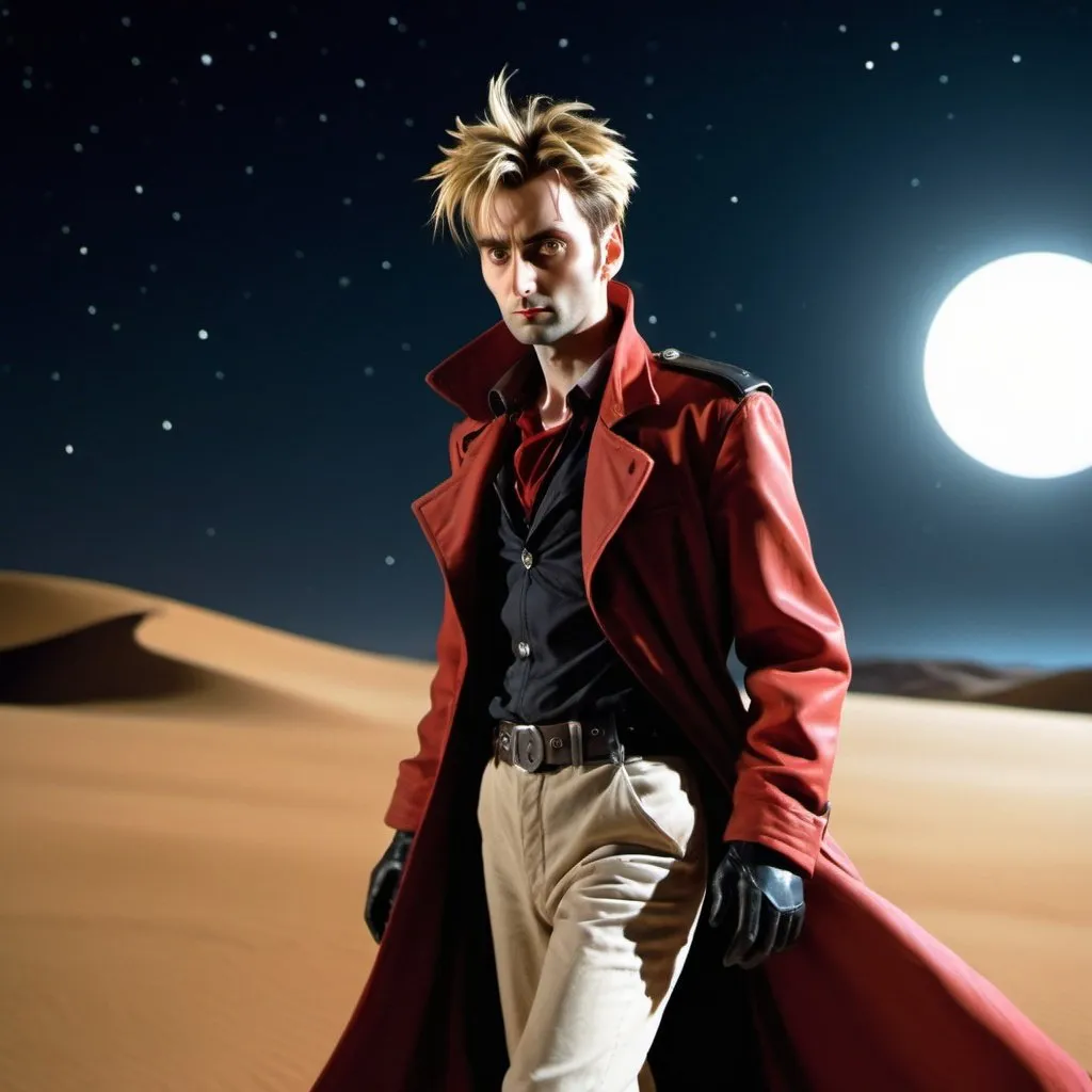 Prompt: side view, Young adult David Tennant as Vash the Stampede from Trigun, is walking across a desert, night time, starry sky, high contrast, moonlight, ambient lighting, realistic, dynamic, motion blur