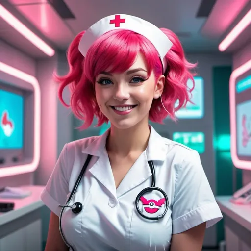 Prompt: a beautiful woman as Nurse Joy from Pokemon with looped pink hair and bangs, large chest, smiling, interior of futuristic Pokemon hospital, futuristic, high contrast, detailed face, 8k, white and red neon lights