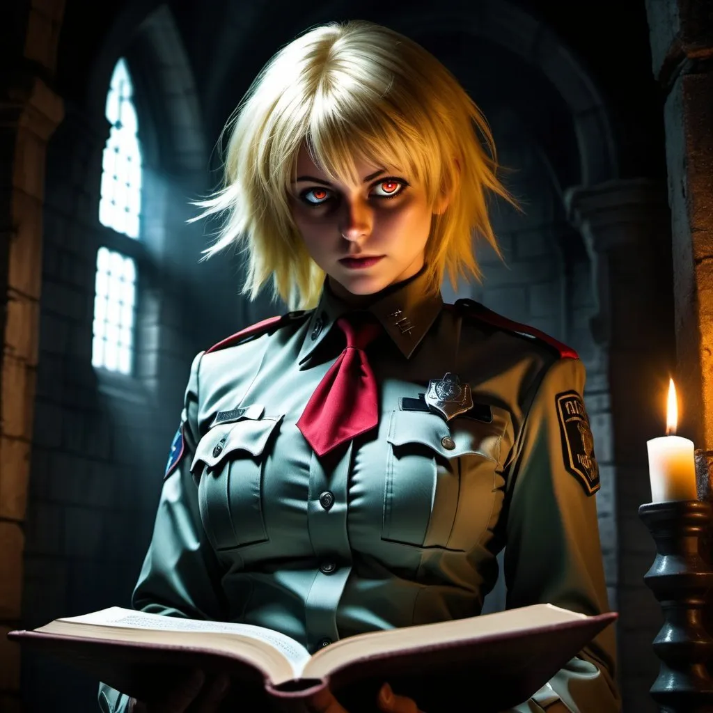 Emma Myers as Seras Victoria from hellsing, blonde h...