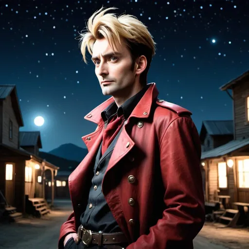 Prompt: side view, Young adult David Tennant as Vash the Stampede from Trigun, is posing in a western rustic town, night time, starry sky, high contrast star light, milky way, galaxy, realistic, detailed face