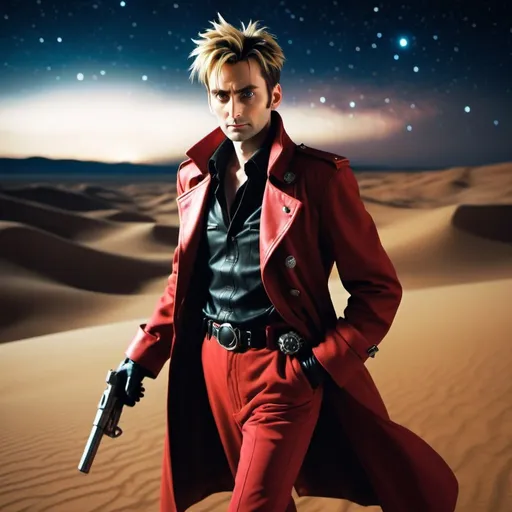 Prompt: Young adult David Tennant as Vash the Stampede from Trigun, is walking across a desert, night time, starry sky, milky way galaxy, high contrast, ambient lighting, realistic, dynamic, motion blur, detailed face