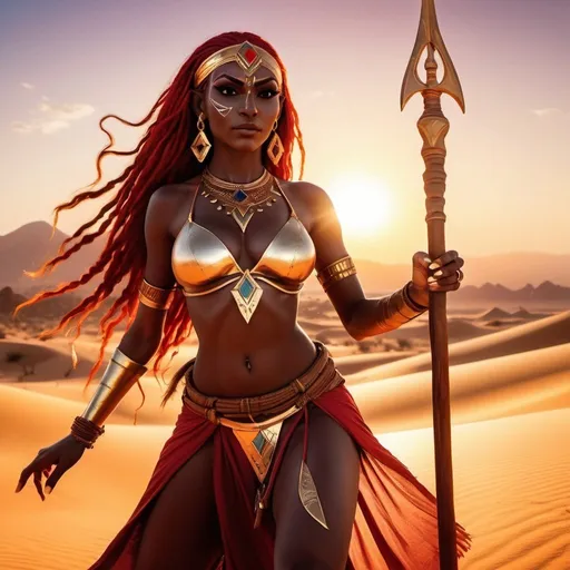 Prompt: a beautiful and fit dark skinned Gerudo woman from Legend of zelda is dancing with spear in the desert, with massive cleavage, long pointy elf ears, long neon red hair, detailed face, gold hena makeup, gold earrings, gypsy attire, sunset, high contrast, realism,  detailed face, lens flare