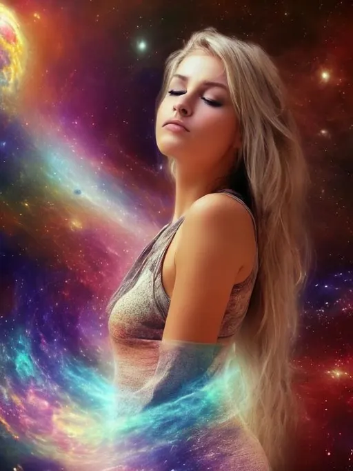 Prompt: A Spiritual experience when you have adhd can turn into a spiraling high. You can go into Mania and psychosis. You are in a state of almost constant bliss, but you are no longer grounded firmly in this reality. You get lost in the rhythm of the universe (blonde stunning woman, realistic)