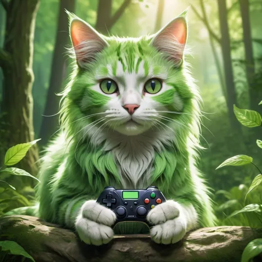 Prompt: a cat in a green fur, holding an game controller, she was living in a deep, calmful, forest
