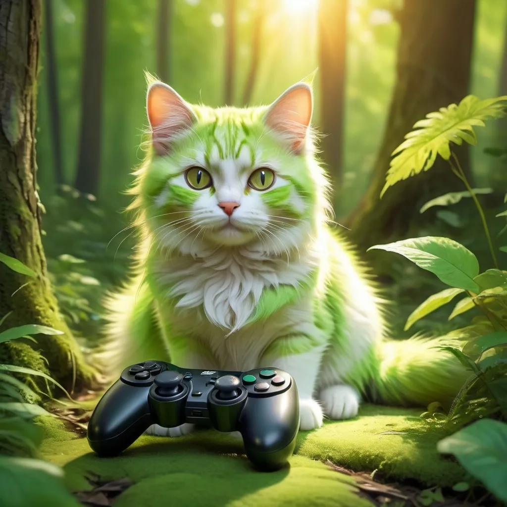 Prompt: a cat in a green fur, holding an game controller, she was living in a deep, calmful, forest
