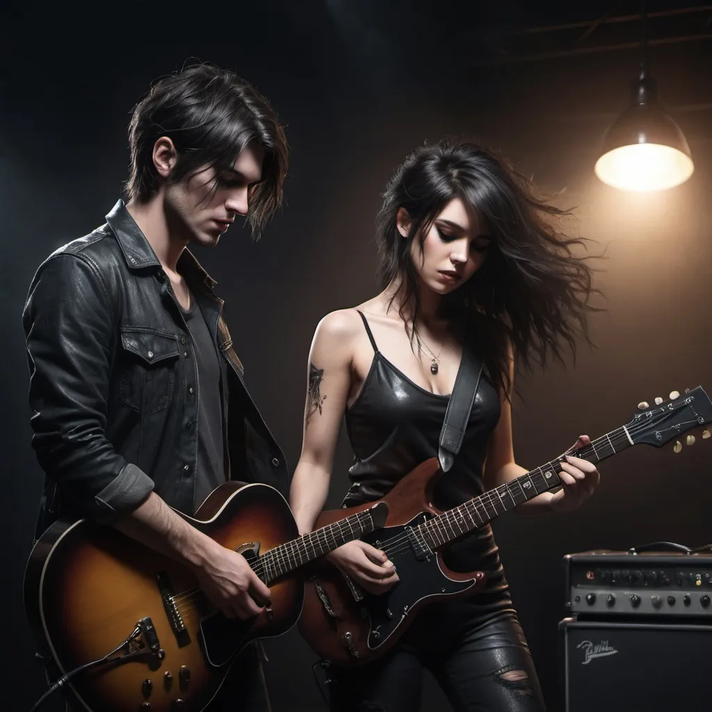 Prompt: a messy short dark hair male guitarist playing next to a long dark hair female singer , realistic , dark atmosphere