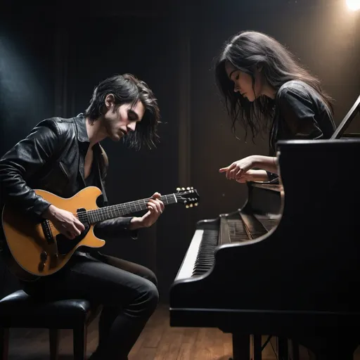 Prompt: a messy short dark hair male  guitarist playing next to a long dark hair female pianist , dark atmosphere, realistic