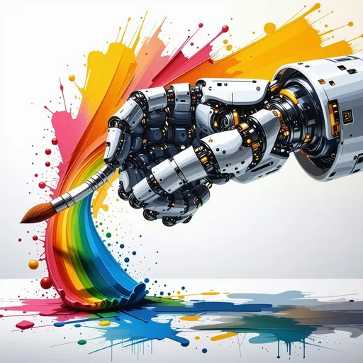 Prompt: Create a robotic hand holding a color brush. Emphasis the AI and Art. 