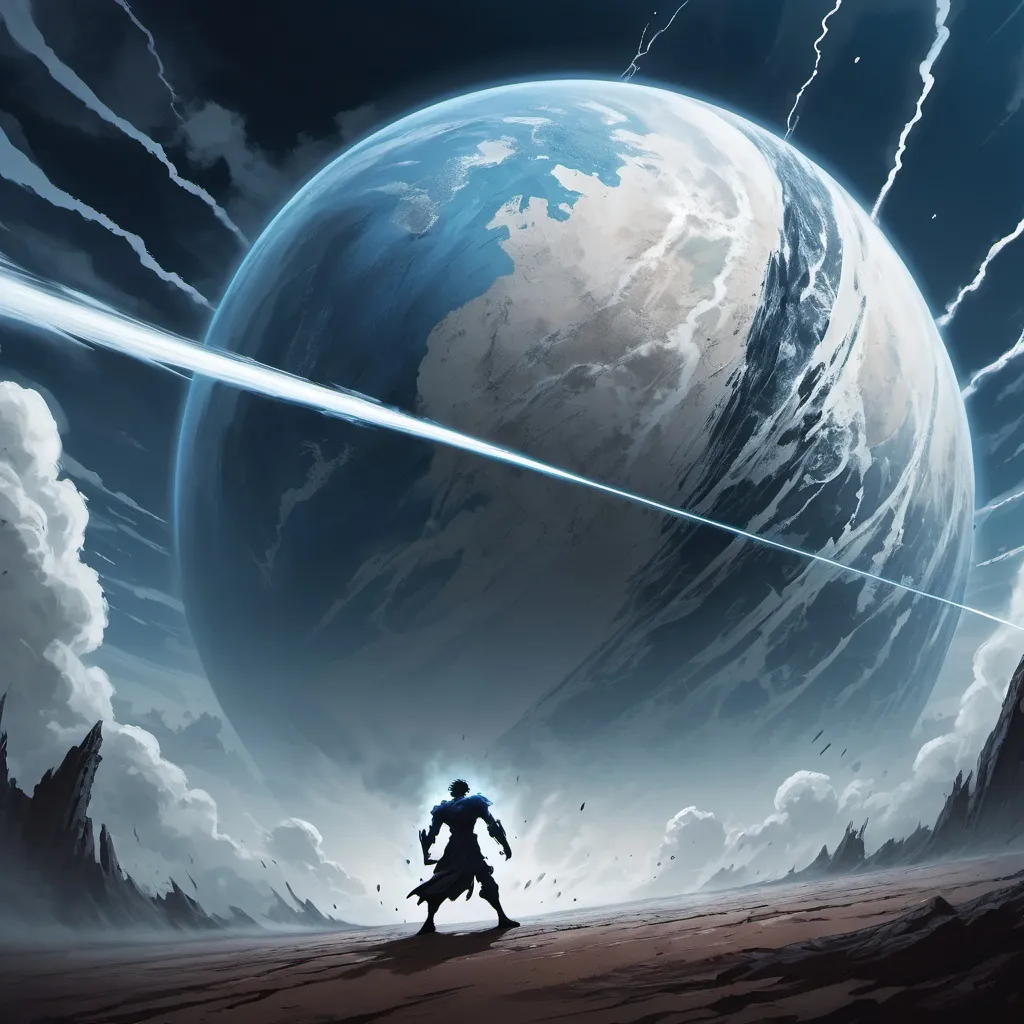 Prompt: A man using force push to stop a blue planet from hitting him, dramatic 
stance, contrast of really big planet and miniscule man, shockwave clouds, smooth lighting, digital manga art style