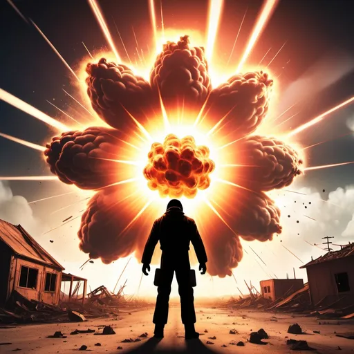 Prompt: digital comic book style, an atom bomb exploding while a flying and dark figure hovers inside of the explosion, dark sky, wasteland background, incredibly dramatic lighting, bright and glowing, vibrant warm colors, lens flare