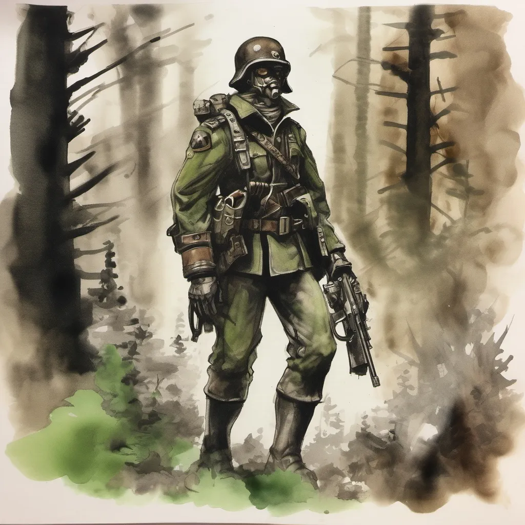 Prompt: Dieselpunk themed Warhammer soldier, black clouds and smoke, dense forest, shades of brown and green and grey, ink and wash on paper