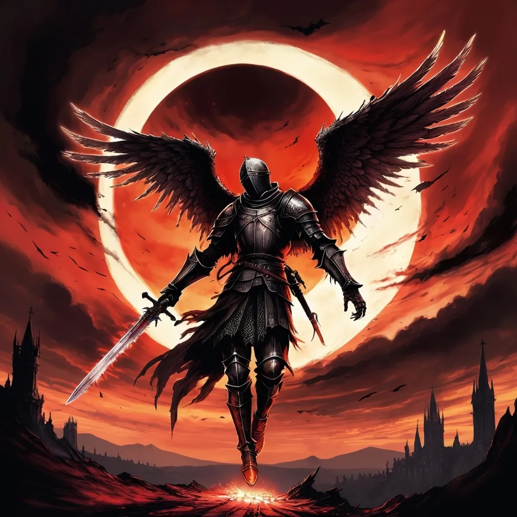 Prompt: Dark Souls 3 art style, A fallen angel flying into an eclipse, red sky