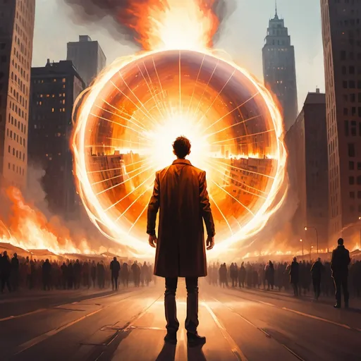 Prompt: A man irradiating a sphere of light around him for miles, far away from camera, flying, city on fire, digital painting style