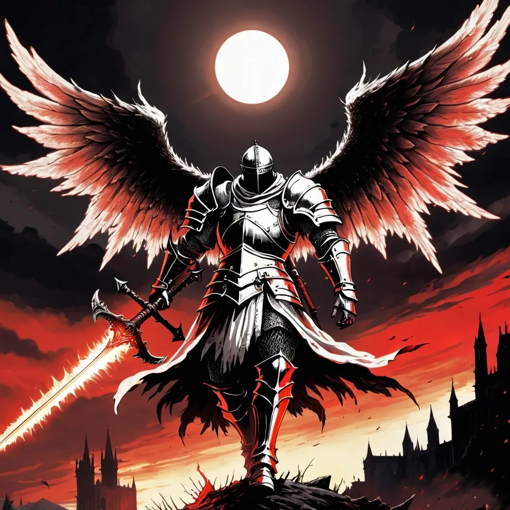 Prompt: Dark Souls 3 art style, A fallen angel flying into an eclipse, red sky, hero in white armor holding a halberd ready to fight