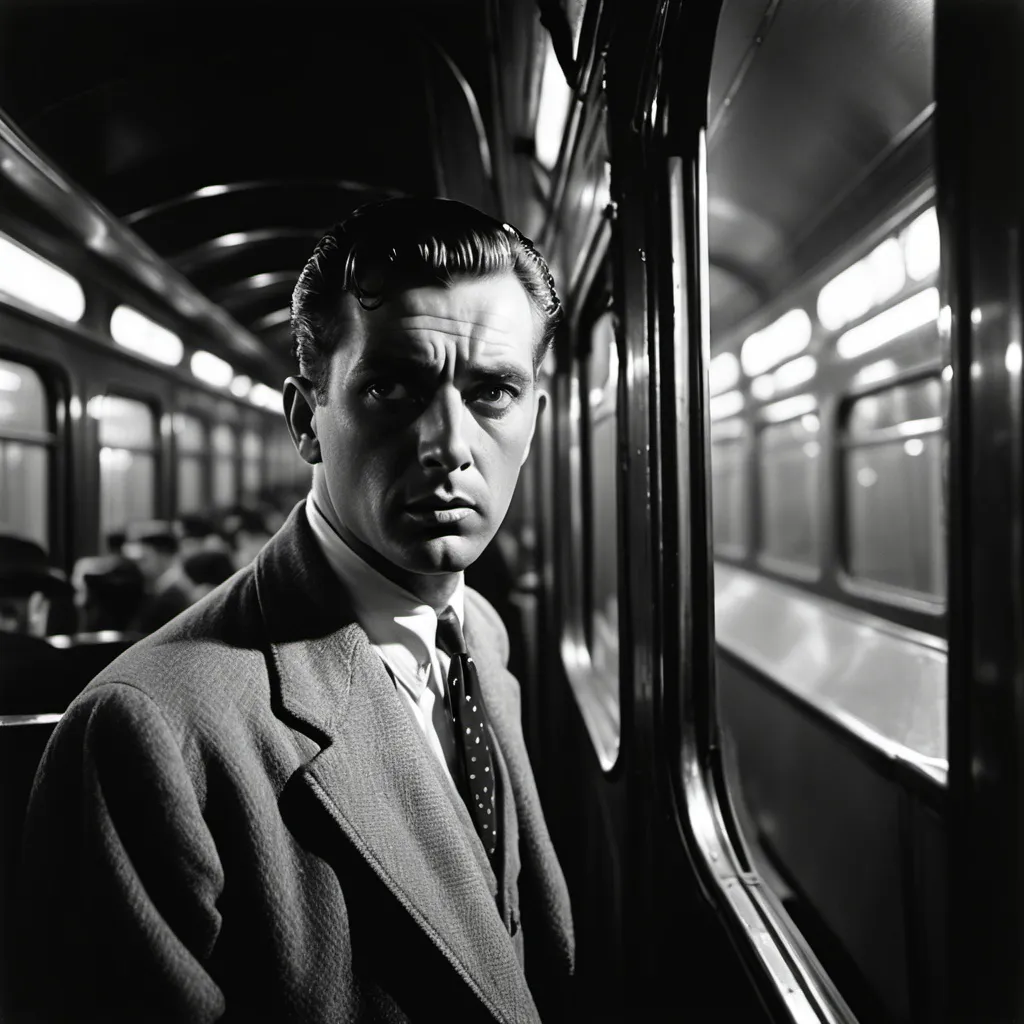 Prompt: dim, night film noir photography, 1950s, man staring at the camera about 30 feet away, perspective from inside the train