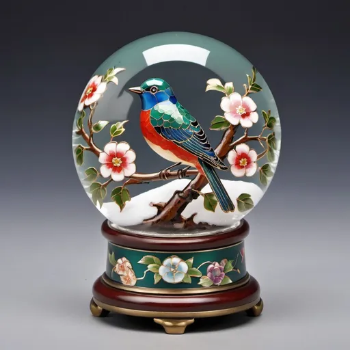 Prompt: a bird sitting on top of a snow globe with flowers in it and a bird on top of a branch, Art Green, cloisonnism, very beautiful, a picture