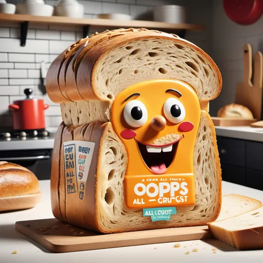 Prompt: "A whimsical depiction of a bread brand called 'Oops All Crust,' featuring a loaf made entirely of the end cuts of sliced bread stacked together in a playful way. The packaging is brightly colored with cheerful fonts and humorous details like cartoon crumbs and smiling crusts. The tagline reads 'For the End Cut Enthusiasts!' Set in a quirky, modern kitchen, with the loaf spilling slightly out of the bag to showcase its unique design. The overall style is humorous and lighthearted, appealing to those who love the crusty ends of bread."