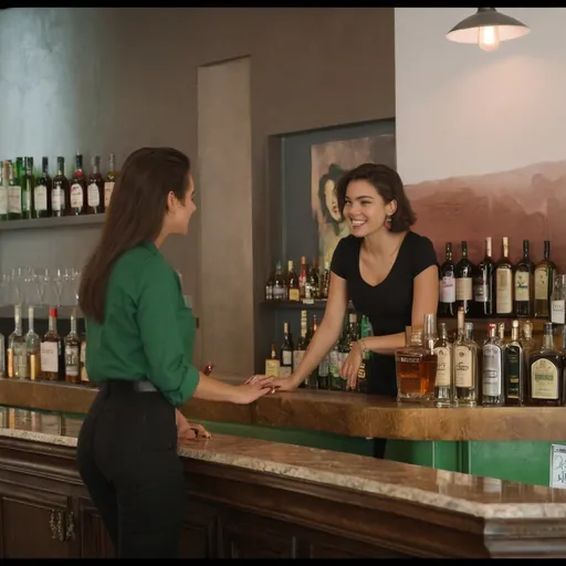 Prompt: a woman is standing at a counter with a woman in a green shirt behind her is a bar with liquor bottles and a woman in a black shirt, the're smilling, Didier Mouron, barbizon school, behance hd, a screenshot