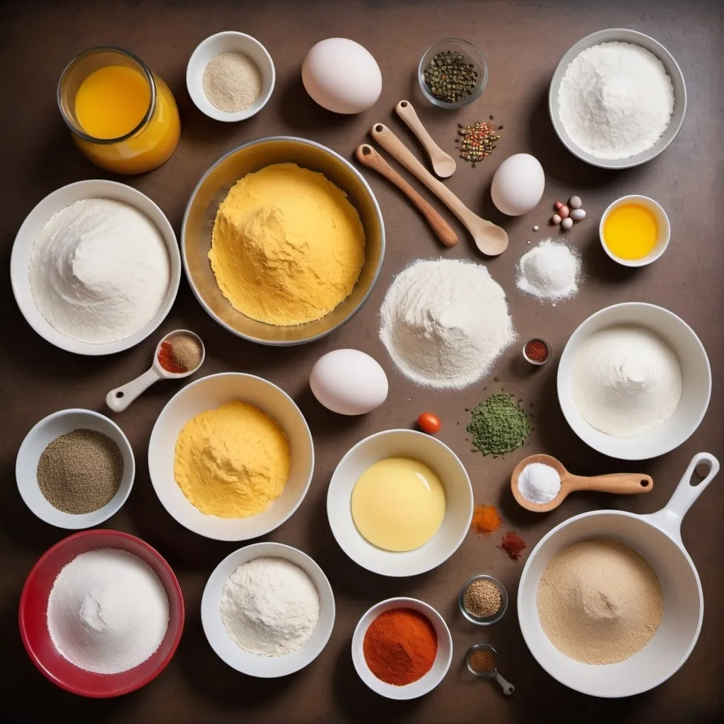 Prompt: "A neatly organized display of ingredients and kitchen tools for making potato fritters: potatoes, flour, eggs, spices, grater, mixing bowls, frying pan, and spatula, high-resolution, clear background."