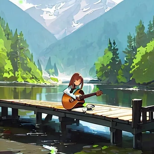 Prompt: A serene illustration depicting a young girl sitting on the edge of a wooden dock, playing a guitar beside a cozy cabin by a river. The scene is surrounded by lush greenery and majestic mountains in the background