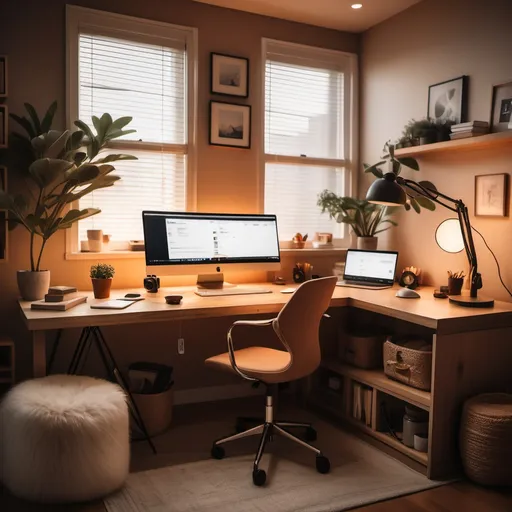 Prompt: Description: A cozy, inviting workspace featuring Lenovo products, soft lighting, and a relaxed setting. Style Keywords: Warm, inviting, relaxed. Camera: Mirrorless. Lens: 24-70mm lens. Post-processing: Warm tones, soft focus on background. No trademarks or logos