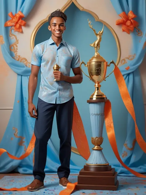 Prompt: In a brightly lit room, a young man stands proudly beside a tall trophy adorned with ribbons and intricate designs, celebrating a moment of achievement. He wears a light blue, patterned shirt and dark trousers, with vibrant colored powder smeared on his forehead, likely from a recent festive celebration. The backdrop features a window draped in orange fabric, adding warmth to the scene, while the walls are plain, emphasizing the trophy's grandeur. The composition draws attention to his joyful expression and the trophy, which symbolizes success, creating an atmosphere of pride and celebration in this intimate, indoor setting.