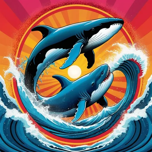 Prompt: (yin and yang symbol), whale chasing a shark, pop art style, (vibrant colors), bold graphic waves, fiery ring surrounding waves, dynamic composition, high contrast, energetic scene, playful and whimsical ambiance, eye-catching design, illustrated with attention to detail, ultra-detailed, radiant imagery, creative and imaginative concept.