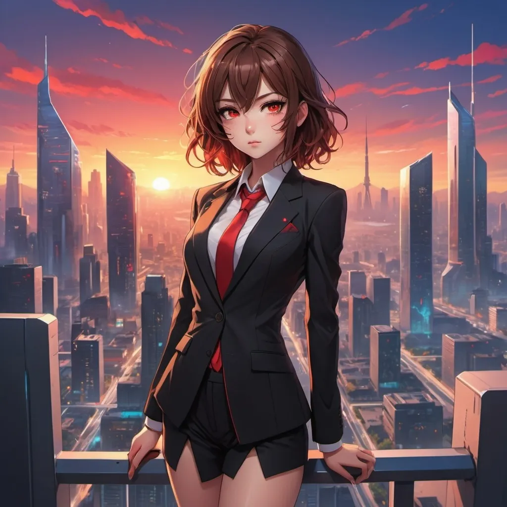 Prompt: Girl that has brown hair with red eyes and a black suit that’s anime