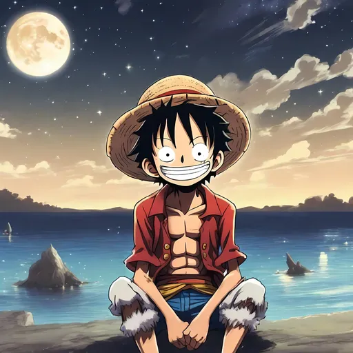 Prompt: Monkey D Luffy, smiling and sitting on Sunny in the midst of sea with clear sky under stars and moon