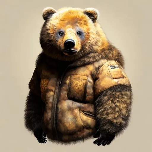 Prompt: Realistic illustration of a jovial bear, textured fur with warm tones, forest setting, playful expression, high quality, detailed realism, detailed fur, professional, natural lighting
