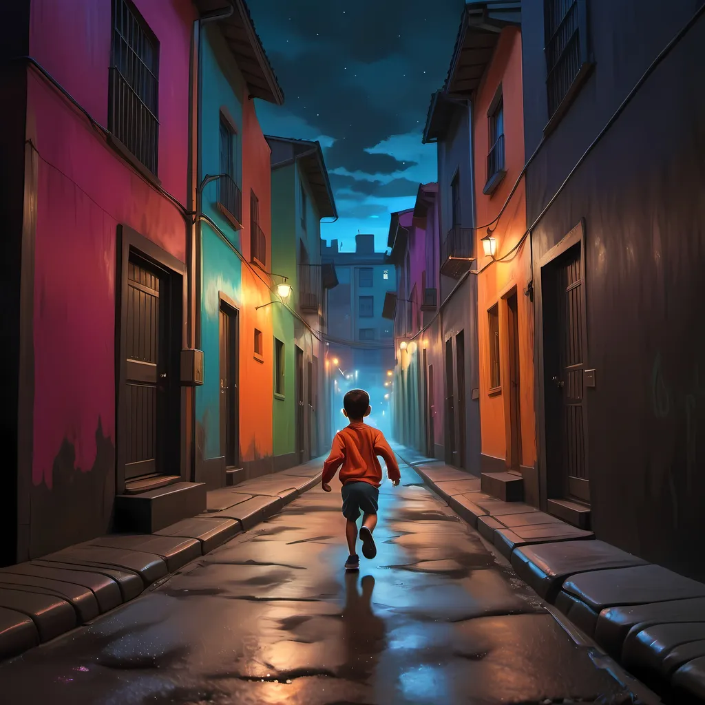 Prompt: A child running through a dark alley that is full of houses and apartments with bright colored lights, but the street is dark, it looks like a semi-matte oil painting.