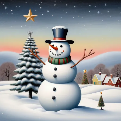 Prompt: a snowman next to a christmas tree with a star on top of it and a star on the top of it, Ernest William Christmas, naive art, snow, a digital rendering