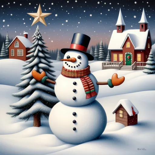 Prompt: a snowman next to a christmas tree with a star on top of it and a star on the top of it, Ernest William Christmas, naive art, snow, a digital rendering