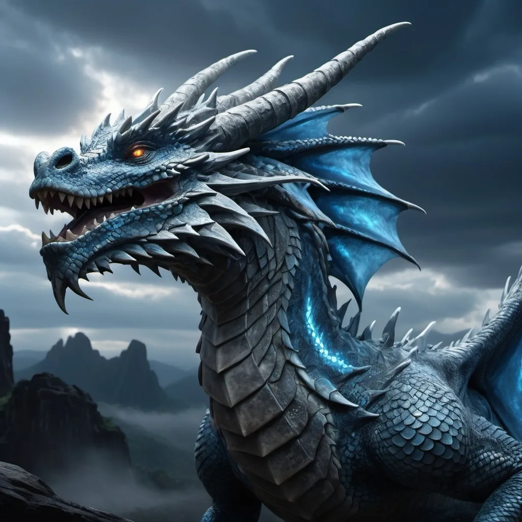 Prompt: BIG DRAGON with BLUE and GRAY with BIG glow and POWERFUL skin