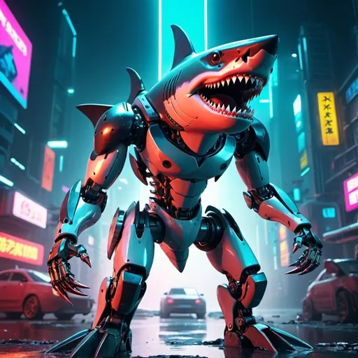 Prompt: robot shark with mega guns and knives
anime