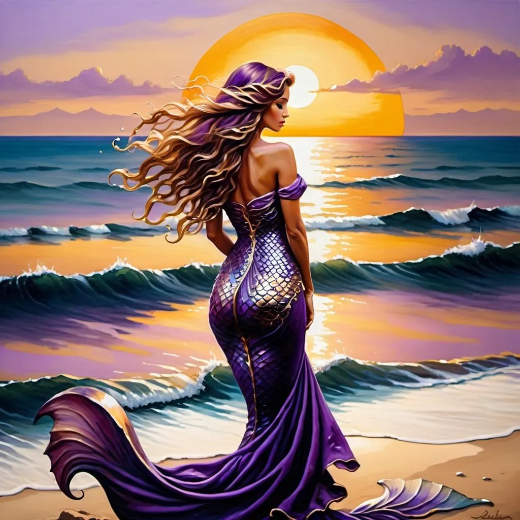 Prompt: painting of a mermaid by the beach in Dubai, with a sunset in shades of purple, elegant flowing robes, intricate golden details, dramatic lighting, high quality, oil painting, mermaid, beach setting, baroque style, sunset in purple hues, flowing robes, intricate golden details, dramatic lighting