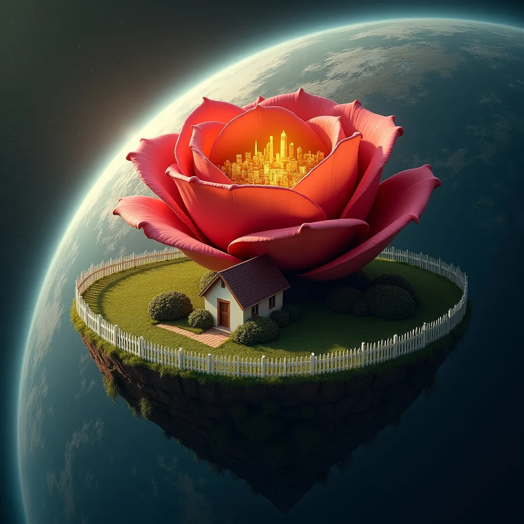 Prompt: a planet seen from space with a single house on it surrounded by a white picket fence surrounding a small garden, in the garden a giant open red rose where you can see the yellow part which is in fact a city made of gold