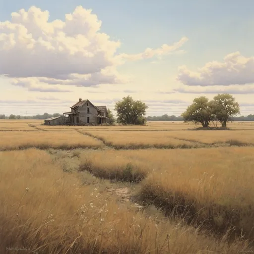 Prompt: Create a highly realistic painting in the style of Dalhart Windberg, Jean Baptiste, Steve Hanks, and Norman Rockwell. Paint a highly detailed and photorealistic scene of abandoned fields with a sense of desolation and quiet beauty. The landscape should feature expansive, open fields with overgrown, wild vegetation. The fields are marked by patches of tall, unkempt grass and weeds, with occasional clusters of dry, twisted shrubs. The sky above is a mix of overcast and hazy light, creating a soft, muted atmosphere. The color palette should include subdued earthy tones of browns, grays, and soft greens to evoke a sense of neglect and stillness. The scene should feel both melancholic and serene, capturing the essence of the abandoned, open fields with no signs of human presence.