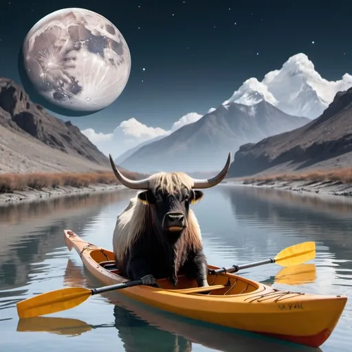 Prompt: A yak rowing in a kayak on a moon river with earth in background.