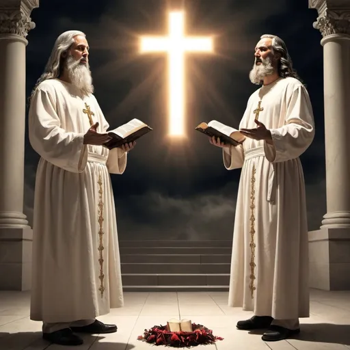 Prompt: the two witnesses standing before the Antichrist preaching the true Gospel