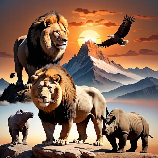 Prompt: lion, bear, eagle, and a rhinoceros standing on mountain of God, with sunset in background