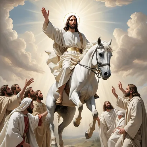 Prompt: Realistic Jesus Christ descending to earth on the back of a white horse with his saints.