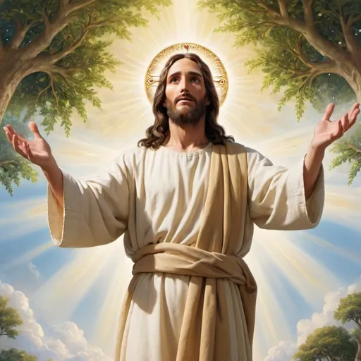 Prompt: Jesus Christ standing with arms outstretched in love and behind him the tree of life in heaven.
