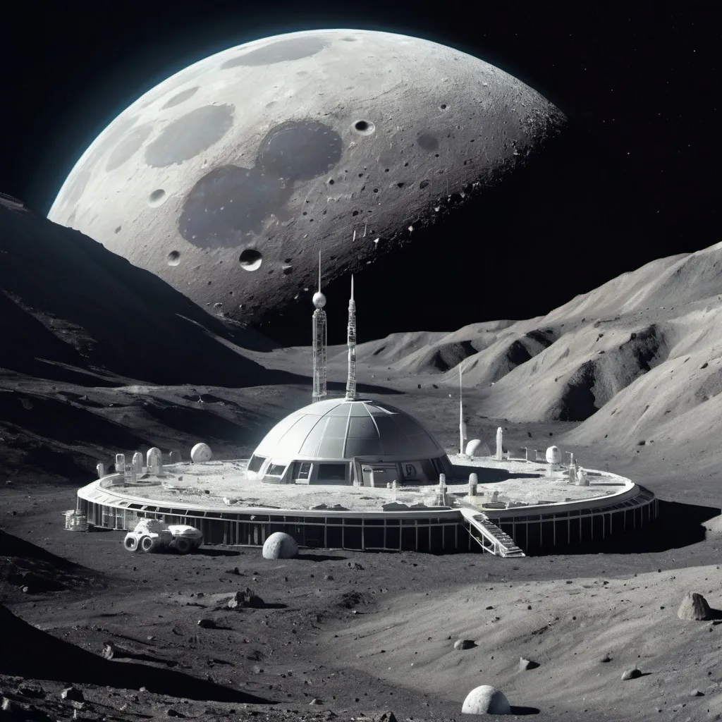 Prompt: artificial alien base on the Moon with earth in the background.