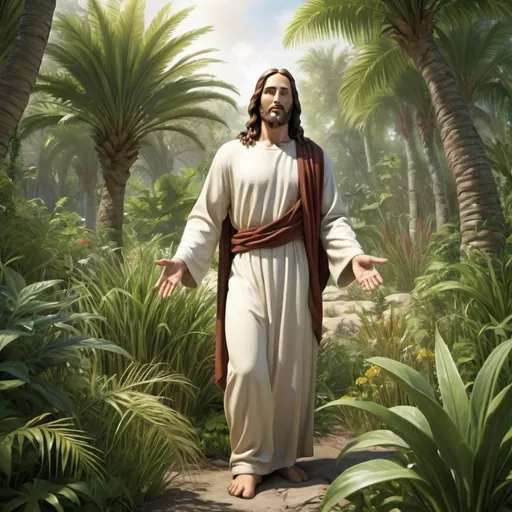 Prompt: Realistic Jesus  creating vegetation, trees, grasses in a beautiful paradise Eden. 