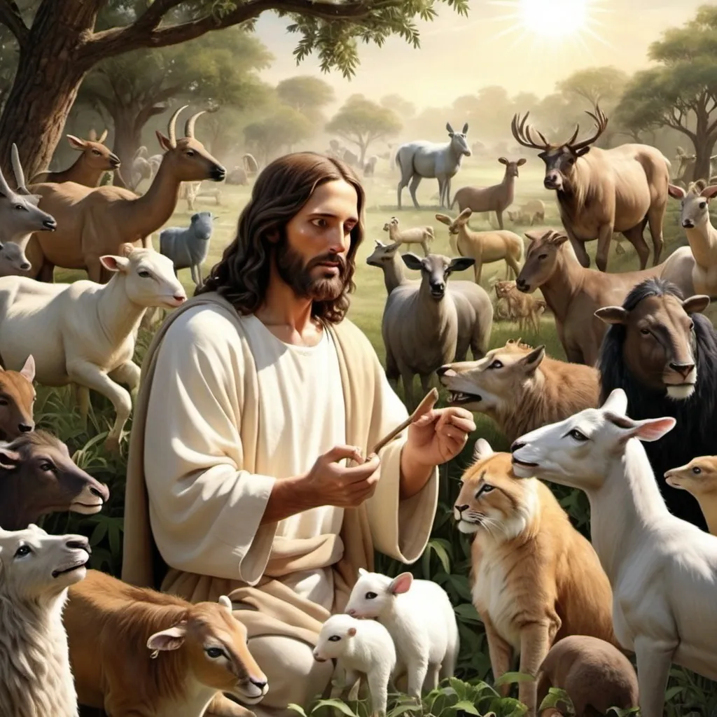 Prompt: Realistic Jesus creating all the animals in Eden.