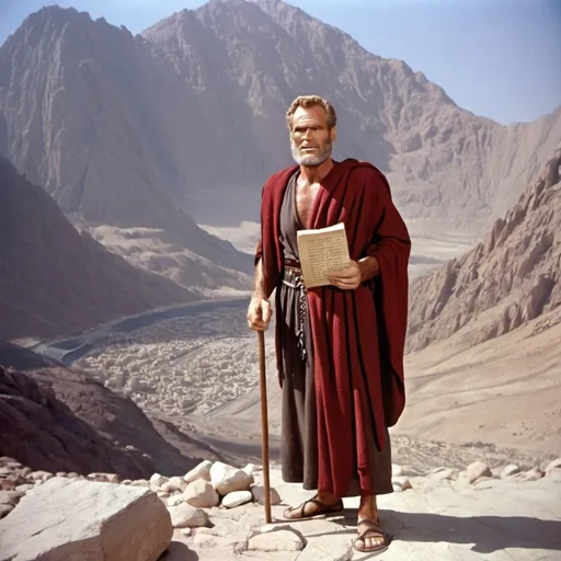 Prompt: Charlton Heston as Moses presenting the Ten Commandments on Mt. Sinai.